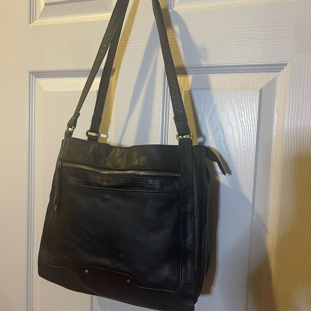 Great American Leather Works Black Leather Shoulder Bag brass tone hardwares